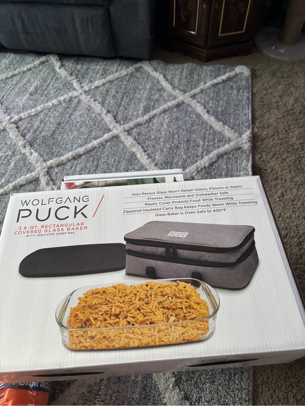 Wolfgang Puck Gray Covered Glass Baker with Insulated Carry Bag